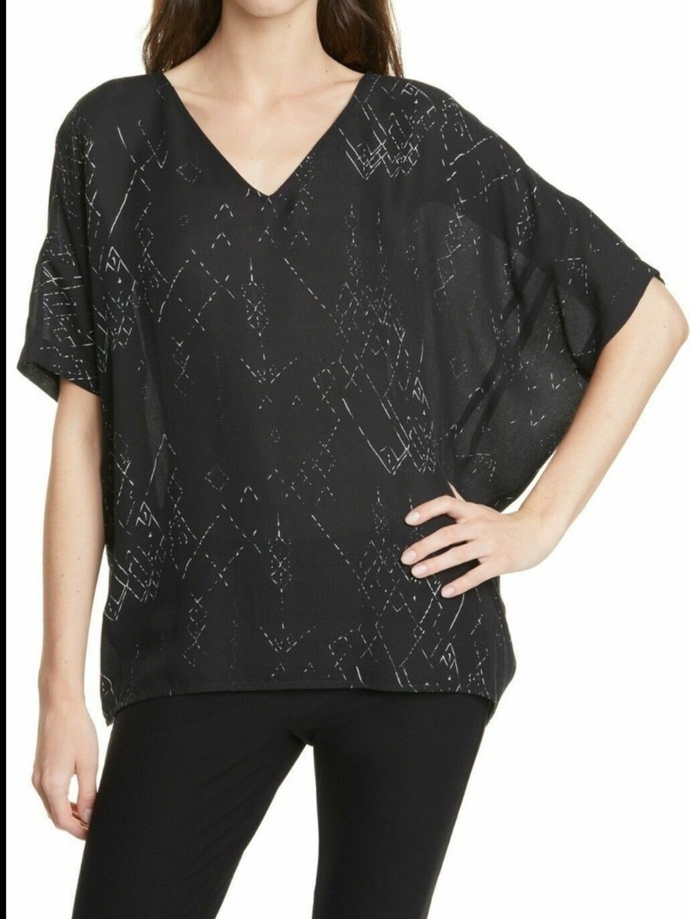 Eileen Fisher Marrakesh Printed Silk Tencel V Neck Top, Black Size Small